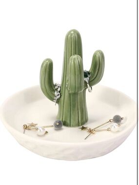 Ceramic Cactus Ring Holder with Derorative White Dish for Jewelry